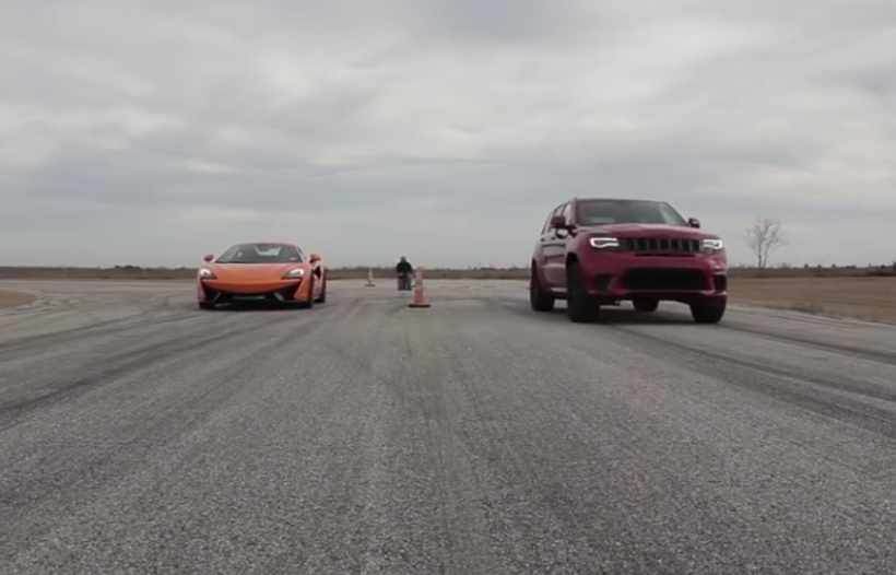 car race between the Jeep Grand Cherokee Trackhawk and the British supercar, the McLaren 570S